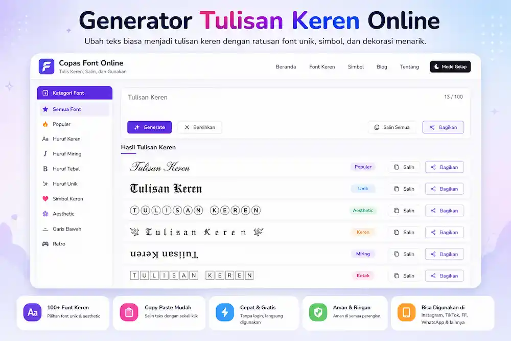 Generator Tulisan Keren Online Gratis Generator tulisan keren online untuk membuat font keren dan huruf keren gratis