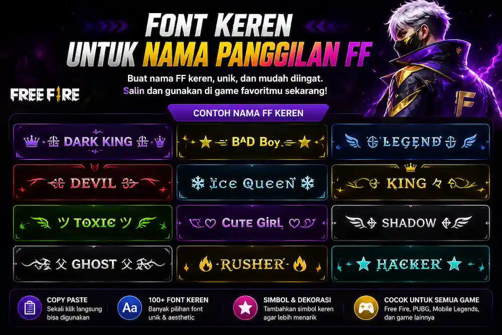 Nama FF Keren dengan Font Keren dan Simbol Unik Nama FF keren dengan font keren, simbol unik dan nickname Free Fire aesthetic
